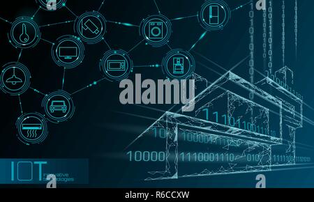 Internet delle cose a bassa poli smart city 3D maglia di filo. Intelligent building automation concetto IOT. Moderna online senza fili icona comando paesaggio urbano banner tecnologia illustrazione vettoriale Illustrazione Vettoriale