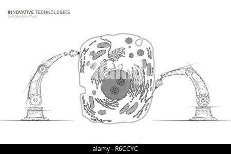 Cellula artificiale synthesys terapia genica DNA 3D chimico. Cellula animale biochimica engineering research concept. Biorobot braccio robotico industria illustrazione vettoriale futuro della tecnologia aziendale Illustrazione Vettoriale