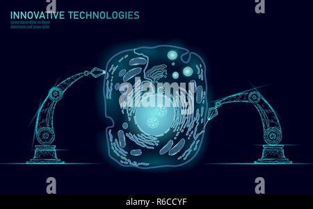 Cellula artificiale synthesys terapia genica DNA 3D chimico. Cellula animale biochimica engineering research concept. Biorobot braccio robotico industria illustrazione vettoriale futuro della tecnologia aziendale Illustrazione Vettoriale