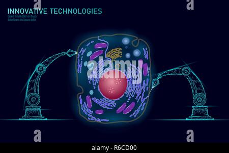 Cellula artificiale synthesys terapia genica DNA 3D chimico. Cellula animale biochimica engineering research concept. Biorobot braccio robotico industria illustrazione vettoriale futuro della tecnologia aziendale Illustrazione Vettoriale