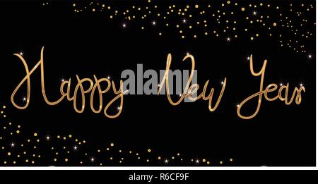 Oro brillante Felice Anno Nuovo pennello testo lettering Illustrazione Vettoriale