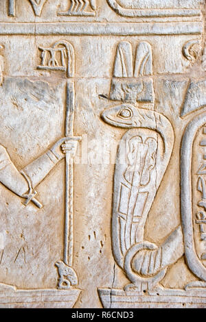 Un bassorilievo immagine di un Uraeus, un allevamento egiziano cobra, scolpito su una parete del Tempio di Kom Ombo, Egitto. Foto Stock