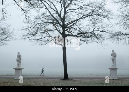 Kassel, Germania. 05 Dic, 2018. Un pareggiatore passeggiate passato statue in Karlsaue su un freddo gelido e nebbiosa mattina. Credito: Uwe Zucchi/dpa/Alamy Live News Foto Stock