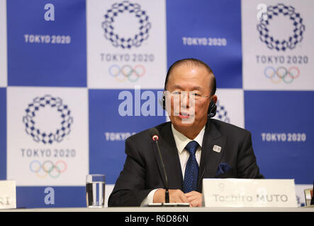 Tokyo, Giappone. 5 Dic, 2018. Tokyo 2020 amministratore delegato Toshiro Muto risponde alle domande durante una conferenza stampa congiunta dopo la settima sessione del CIO Commissione di Coordinamento per i Giochi Olimpici di Tokyo 2020 a Tokyo in Giappone, Dicembre 5, 2018. Credito: Du Natalino/Xinhua/Alamy Live News Foto Stock