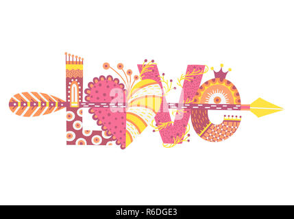 L'amore. Disegnata a mano scritte. Buon San Valentino. Cuore con freccia. Lo stile di Freehand. Scarabocchio. Vacanze in febbraio Foto Stock