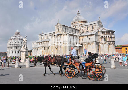 Carro trainato da cavalli di fronte alla Cattedrale di Pisa, il Campo dei Miracoli, Pisa, Toscana, Italia Foto Stock