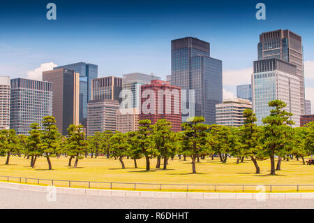 Il Tokyo City Building Skyline Marunouchi Zona con giardino Est del Palazzo Imperiale Foto Stock