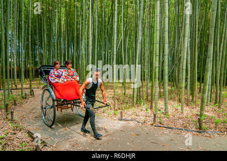 Due giovani donne Geisha essere tirato attraverso una foresta di bamboo da Ricksha, Kyoto, la regione di Kansai, Giappone Foto Stock