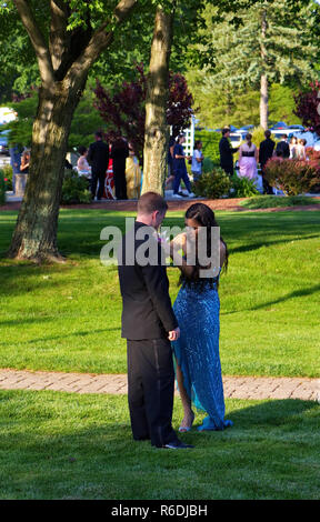 Plainville, CT, Stati Uniti d'America. Giugno 2013. Giovane donna è cautamente ripone la sua data la boutonniere prima della prom. Foto Stock