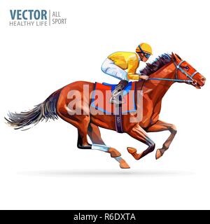 Jockey a cavallo. Campione. Corse di cavalli. Ippodromo. Racetrack. Jump Racetrack. Equitazione. Un cavallo da corsa arrivando primo al traguardo. Isolato su sfondo bianco. Illustrazione Vettoriale Illustrazione Vettoriale