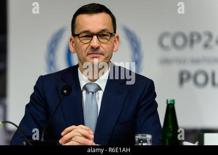 Mateusz Morawiecki, Polonia il Primo Ministro visto che parla nel corso di una conferenza stampa durante la COP24 Conferenza ONU sui Cambiamenti Climatici 2018. Foto Stock