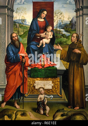 Madonna in trono col Bambino tra i Santi Giorgio e Giovanni Battista, Agostino, Stefano e un angelo. (Pala dei Manzuoli) da Francesco Raibolini detto ( Francia ) 1447 -1517 15-16secolo, Italia, italiano. Foto Stock