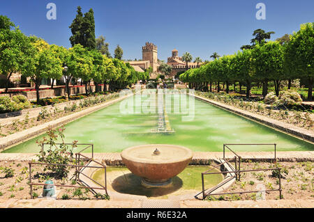 Fontana nei giardini dell'Alcazar de los Reyes Cristianos a Cordoba, Spagna Foto Stock