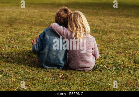 Ripresa posteriore dei fratelli seduto sull'erba. Poco ragazza seduta con suo fratello a mettere il suo braccio sulla sua spalla al parco. Foto Stock