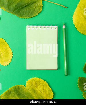 Notebook su uno sfondo verde e matita in legno, accanto a foglie di giallo, vista dall'alto Foto Stock