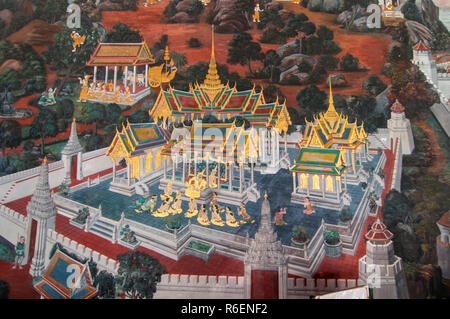 Thai pittura murale in Phra Rabiang (Galleria) in Wat Phra Kaew (il Tempio del Buddha di smeraldo), Bangkok Foto Stock