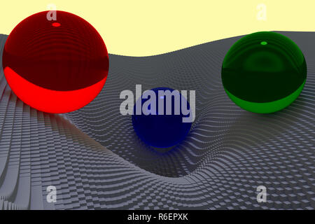 3d illustrazione di palle di vetro e un paesaggio di imbuti di potenziale costituito da centinaia di cuboidi oblunga con una base quadrata Foto Stock