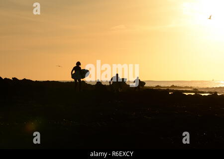 Alba sulla costa , surfers su dawn patrol fretta al bordo dell'acqua per i primi giorni di surf a sunrise vicino Mumbles, Swansea, Galles Foto Stock