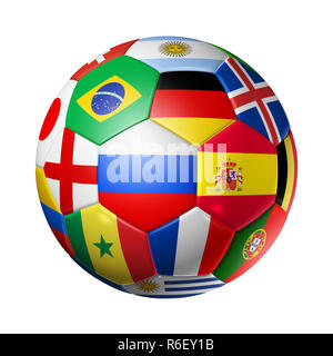 La Russia 2018. Il calcio pallone da calcio con il team bandiere nazionali su sfondo bianco Foto Stock