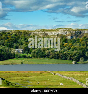 Vista pittoresca su Malham Tarn (lago glaciale) bosco & torreggianti scogliere calcaree sotto il profondo blu del cielo - Malhamdale, Yorkshire Dales, Inghilterra, Regno Unito. Foto Stock