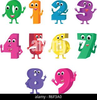Set di simpatici e divertenti numero di colorati personaggi, cartoon illustrazione vettoriale isolati su sfondo bianco. Illustrazione Vettoriale