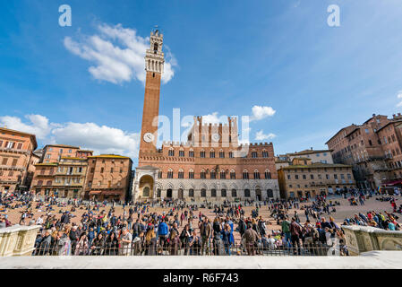 Vista orizzontale della Piazza del Campo e la Torre del Mangia a Siena, Italia. Foto Stock