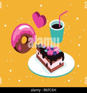 Menu dolci deliziosi dessert torta di cioccolato ciambella set caffè sfondo illustrazione vettoriale Illustrazione Vettoriale