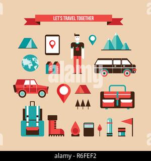 Turismo Viaggi Campeggio e escursionismo Set di piana degli elementi di design illustrazione vettoriale Illustrazione Vettoriale