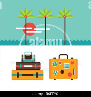 La vacanza estiva Turismo sfondo con valigia viaggio borse mare palme illustrazione vettoriale Illustrazione Vettoriale