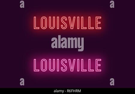 Nome Neon di Louisville città in Stati Uniti d'America. Testo Vettoriale di Louisville, iscrizione al neon con retroilluminazione in stile sottile, rosso e rosa di colori. Isolato incandescente t Illustrazione Vettoriale