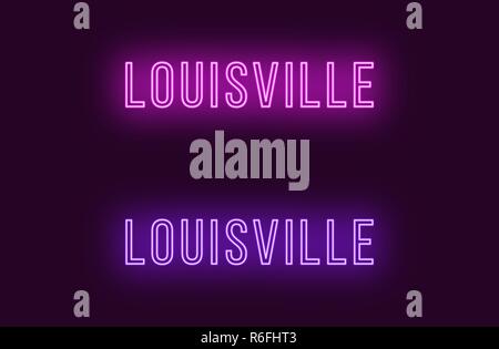 Nome Neon di Louisville città in Stati Uniti d'America. Testo Vettoriale di Louisville, iscrizione al neon con retroilluminazione in stile sottile, viola e colori viola. Bagliore isolato Illustrazione Vettoriale