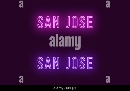 Nome Neon di San Jose città in Stati Uniti d'America. Testo Vettoriale di San Jose, iscrizione al neon con retroilluminazione in stile sottile, viola e colori viola. Isolato incandescente Illustrazione Vettoriale