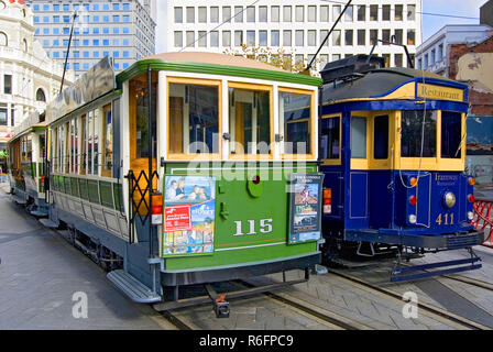 Christchurch Tramway ristorante sulla piazza della cattedrale di Christchurch in Nuova Zelanda Foto Stock