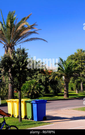 Bidone con ruote il giorno di raccolta Foto Stock