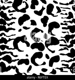 Dipinta a pennello leopard seamless pattern. Bianco e nero tiger grunge background. Illustrazione Vettoriale