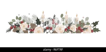 Base di Natale RGBVector confine con rami di abete, beriies, rose, leccio e coni. Cornice decorativa design. Illustrazione Vettoriale