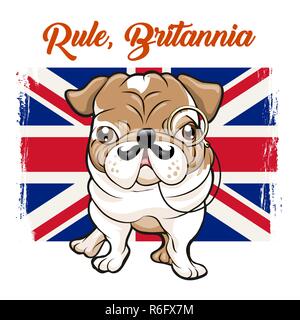 Funny Bulldog inglese con mustaches e monokle sulla Gran Bretagna bandiera e slogan regola Britannia. illustrazione vettoriale. Illustrazione Vettoriale
