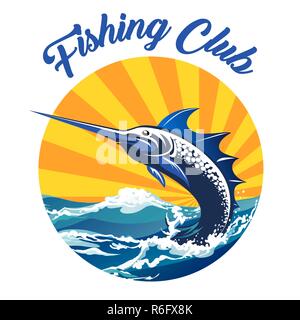 Club di pesca emblema. Pesce spada salta fuori dell'acqua. Illustrazione Vettoriale. Illustrazione Vettoriale