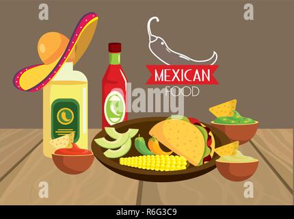 Tradizione tequila messicano con tacos cibo Illustrazione Vettoriale