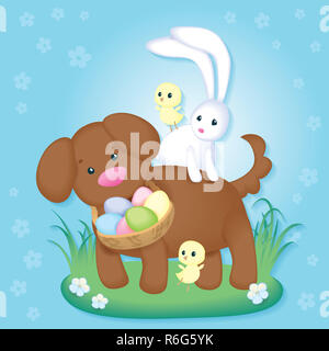 Vintage Easter Card con grazioso cucciolo, polli e il coniglietto di pasqua Foto Stock