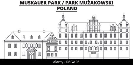 Polonia - Muskauer, Parco Muzakowski travel famoso segno distintivo skyline, panorama, il vettore. Polonia - Muskauer, Parco Muzakowski illustrazione lineare Illustrazione Vettoriale