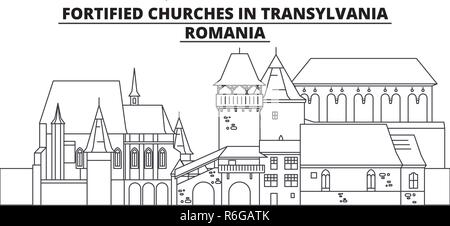 Romania - chiese fortificate in Transilvania travel famoso segno distintivo skyline, panorama, il vettore. Romania - chiese fortificate in Transilvania illustrazione lineare Illustrazione Vettoriale