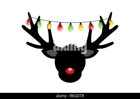 Testa di renne silhouette con naso rosso e colorate luci di natale decorazione illustrazione vettoriale EPS10 Illustrazione Vettoriale