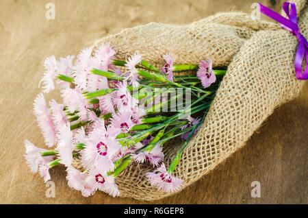 Bouquet di fiori delicati avvolto in un sacco. Foto Stock