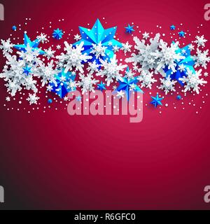 Brillare realistico Banner con posto per il modello di testo. Shine inverno decorazione su sfondo rosso con fiocchi di neve e stelle Illustrazione Vettoriale