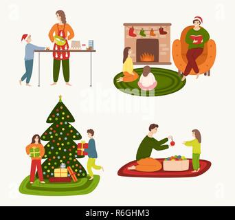 Un insieme di persone coinvolte nella preparazione per le vacanze invernali ed in appoggio a casa. Le famiglie di cottura torta di Natale, leggere storie di Natale dal fuoco Illustrazione Vettoriale