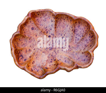 Vecchio vaso di legno a forma di conchiglie isolati su sfondo bianco, vista dall'alto closeup Foto Stock