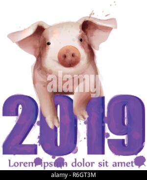 2019 Acquerello anno di maiale vettore scheda. Felice Anno Nuovo evento di festa Illustrazione Vettoriale