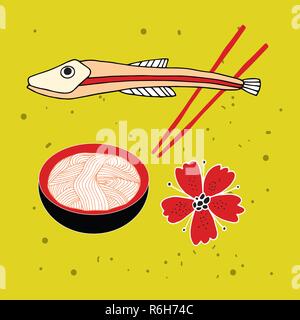 Noodles ciotola con bacchette e pesce banner colorati cucina Asiatica illustrazione vettoriale Illustrazione Vettoriale