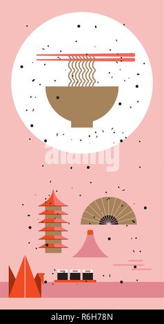 Japan Travel poster della cucina giapponese ed elementi di design ciotola di tagliatelle illustrazione vettoriale Illustrazione Vettoriale